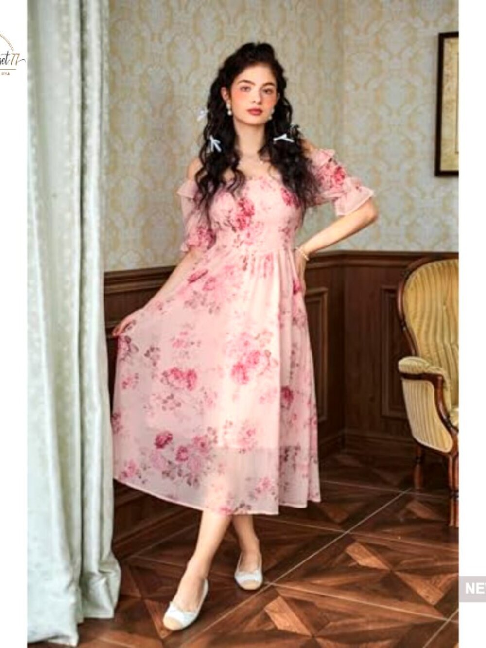 Floral Maxi Dress with Puff Sleeves Square Neck A-Line Wedding Guest - Picture 3 of 7